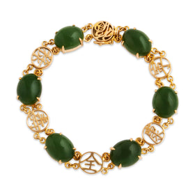 Vintage 14k Yellow Gold Jade Fortune & Longevity Chinese Characters Bracelet 7"
