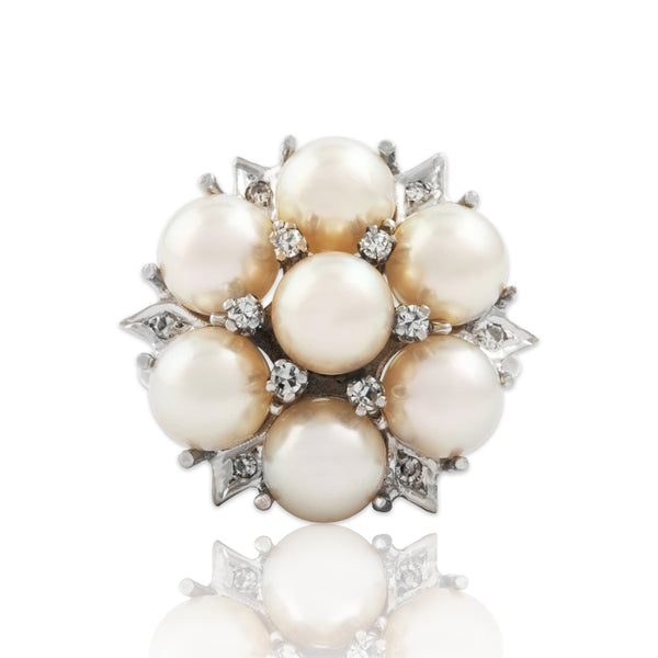 Vintage Large 14k White Gold Pearl Diamond Bold Star Cocktail Ring 6.75