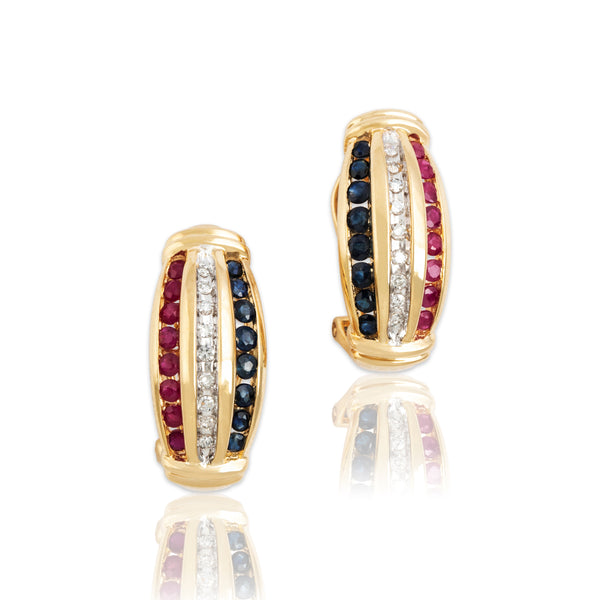 Vintage 14k Yellow Gold Ruby Sapphire Diamond Lovely Line Earrings