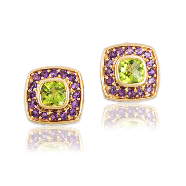 Vintage 14k Yellow Gold 2.6cttw Peridot Amethyst Square Statement Stud Earrings