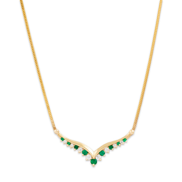 Vintage 14k Yellow Gold Emerald Diamond Elegant Alternating Arrow Necklace 17.5
