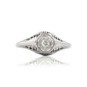Antique Art Deco 18k White Gold Diamond Swirling Openwork Solitaire Ring 5.50