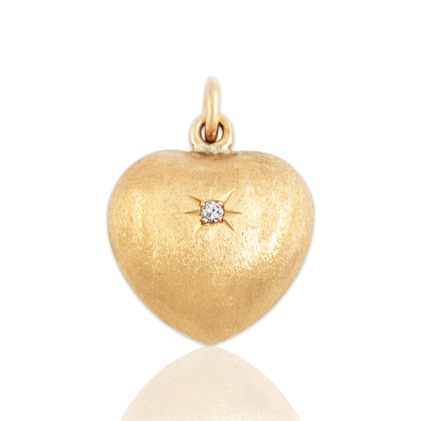 Vintage 14k Yellow Gold Diamond Puffy Textured Heart Pendant