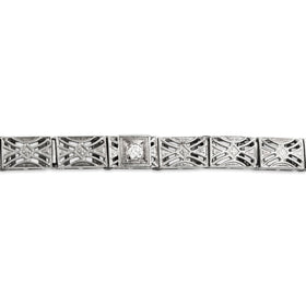 Antique Art Deco 14k White Gold Diamond Geometric Milgrain Openwork Bracelet 7"