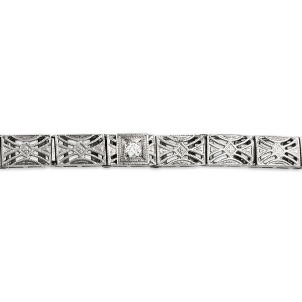 Antique Art Deco 14k White Gold Diamond Geometric Milgrain Openwork Bracelet 7