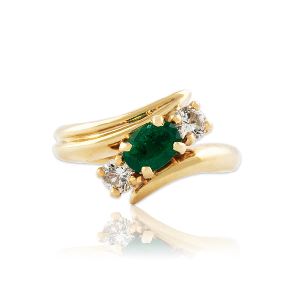Vintage 14k Yellow Gold Emerald Diamond Chic Bypass Trio Ring 6.00