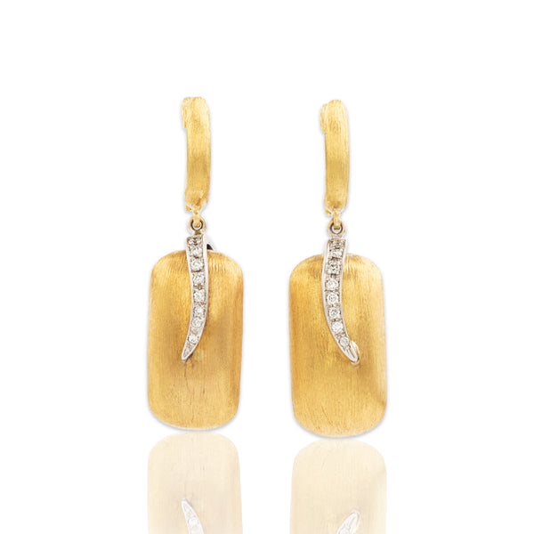 Vintage 18k Yellow & White Gold Diamond Textured Puffy Dangle Earrings