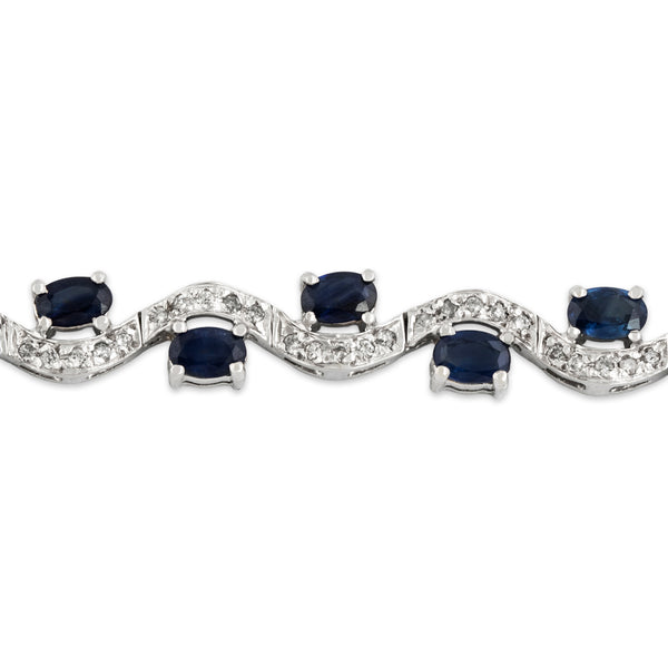 Vintage 14k White Gold 7cttw Blue Sapphire Diamond Wavy Line Bracelet 6.75