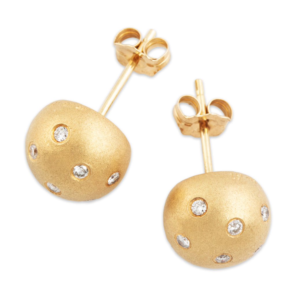 Estate 14k Yellow Gold .216cttw Diamond Playful Brushed Dome Stud Earrings