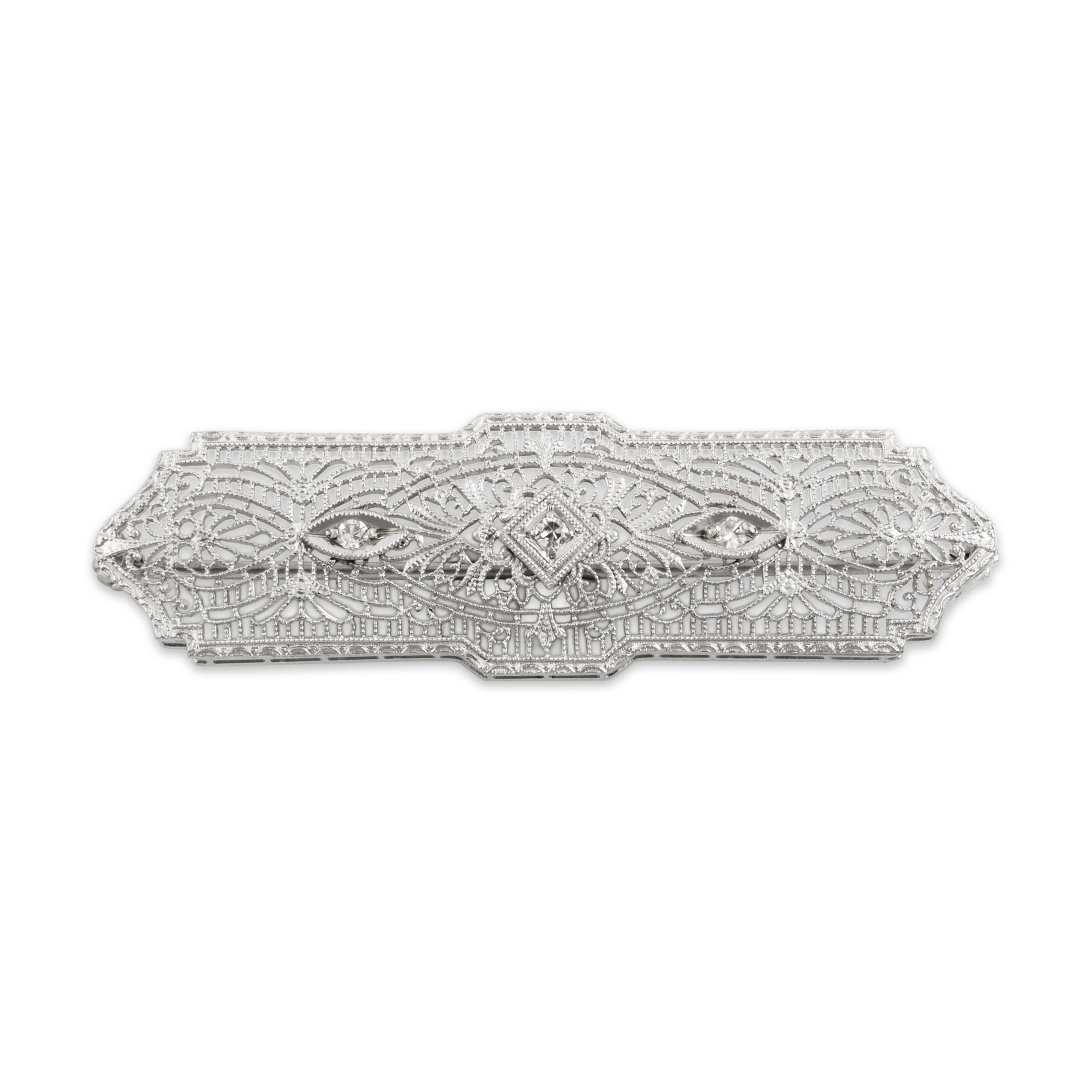 Antique Art Deco 10k White Gold Diamond Delicate Openwork Brooch / Pin