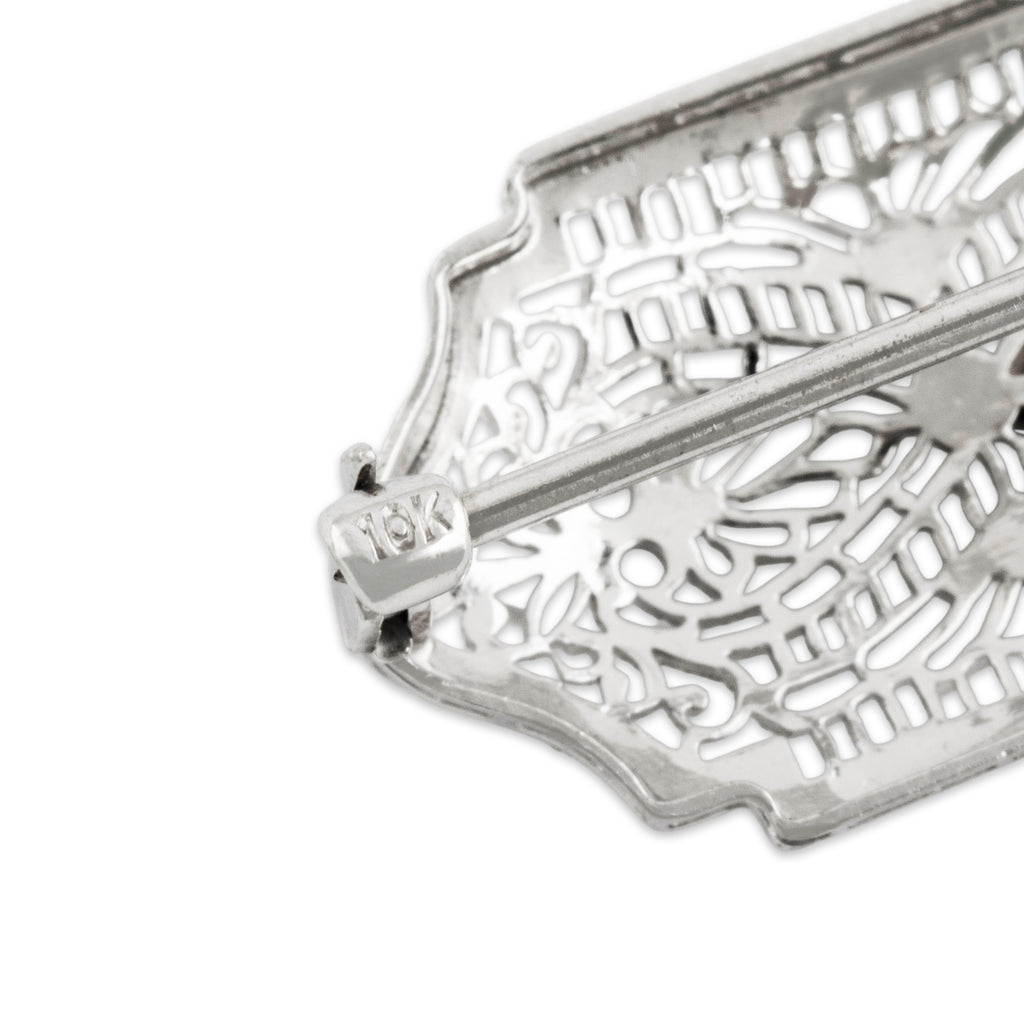 Antique Art Deco 10k White Gold Diamond Delicate Openwork Brooch / Pin