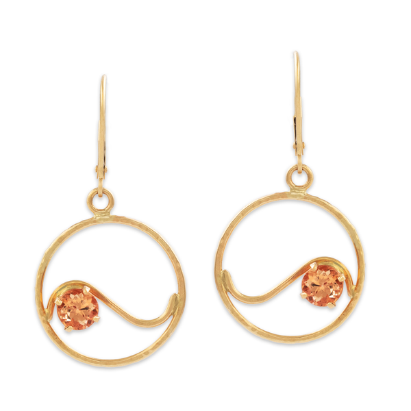 Estate 14k Yellow Gold 1.47cttw Peach Topaz Waving Loop Dangle Earrings