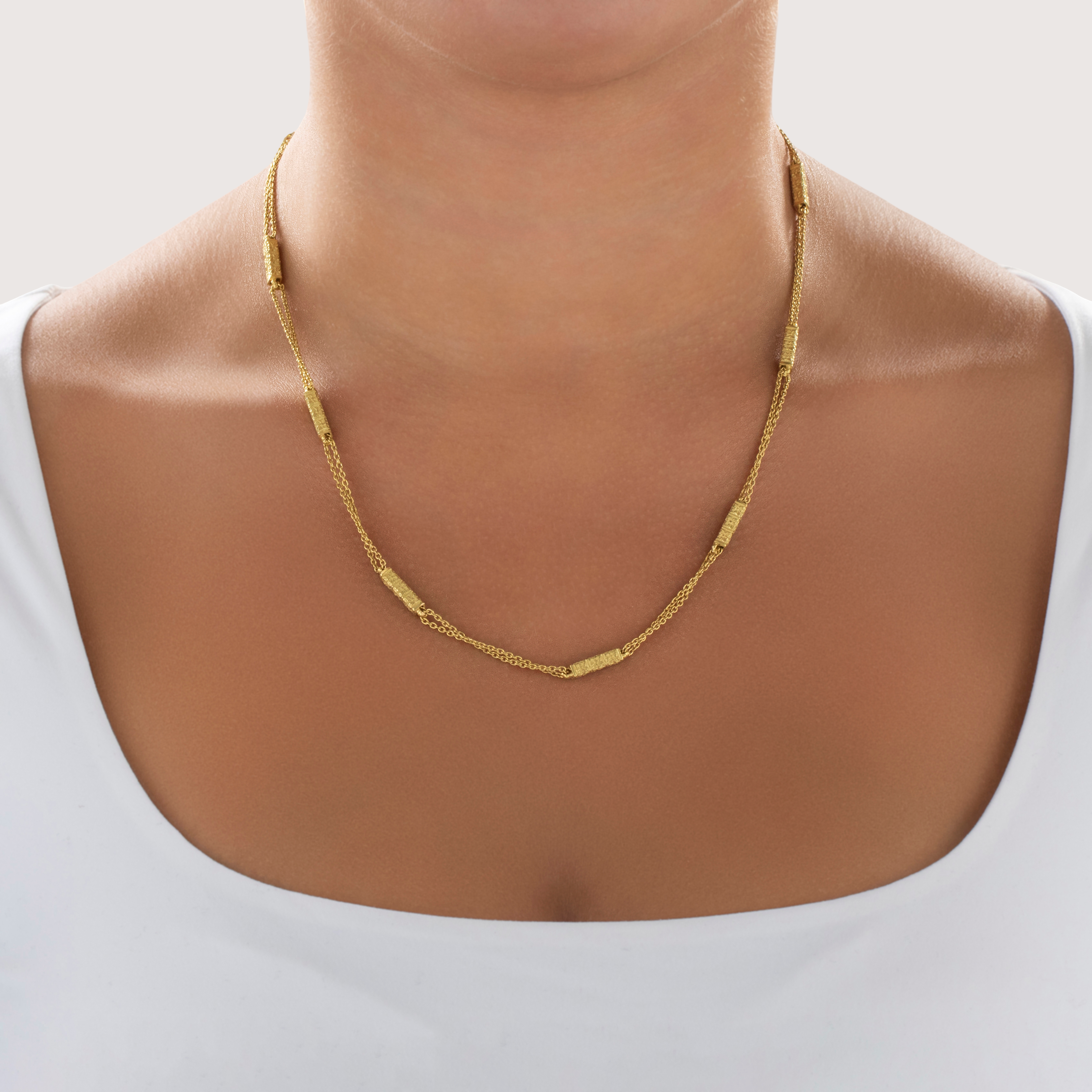 Vintage 18k Yellow Gold Double Chain Floral Station Necklace - On model view