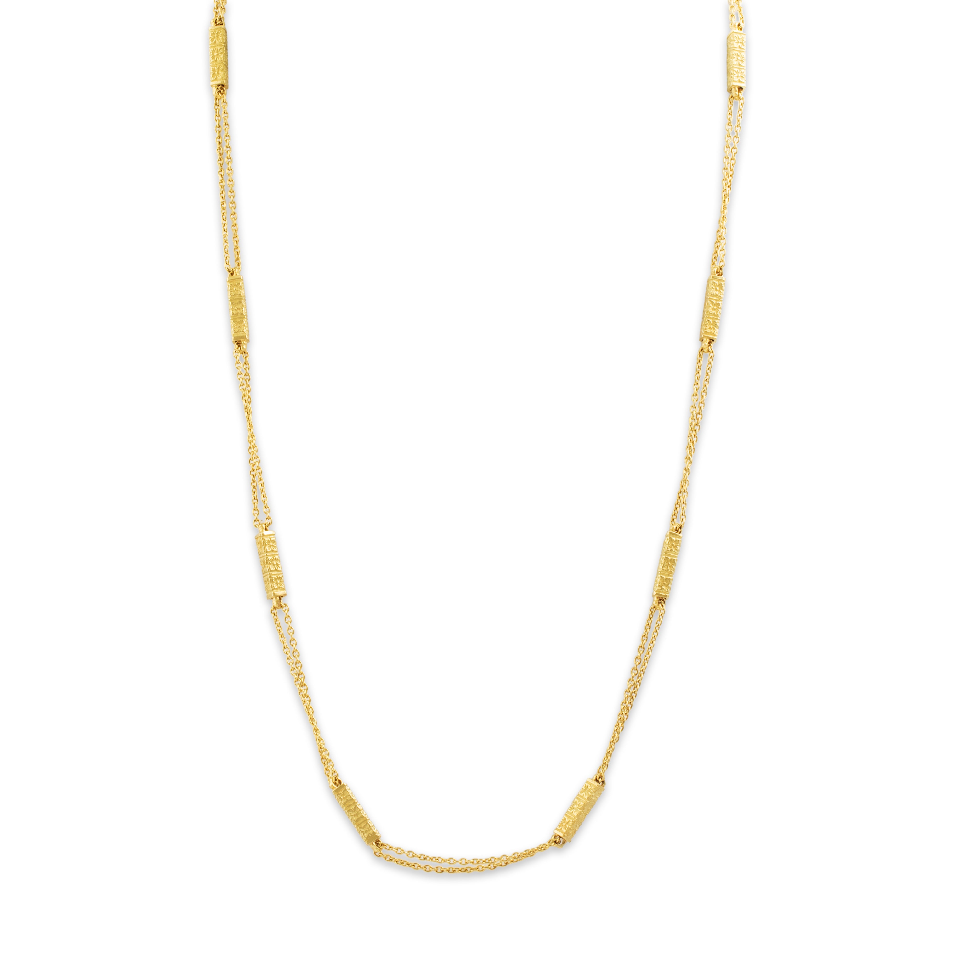 Vintage 18k Yellow Gold Double Chain Floral Station Necklace - Close-up view