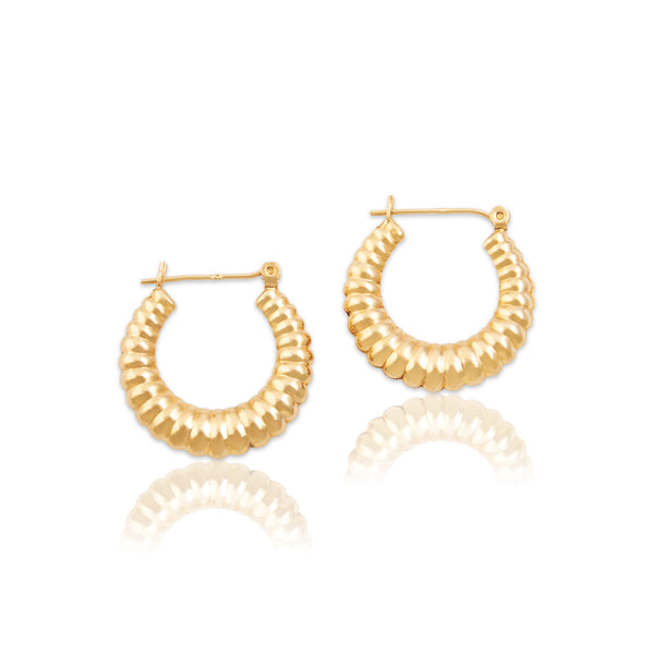Vintage Lightweight 14k Yellow Gold Dainty Puffy Ribbed Hoop Earrings