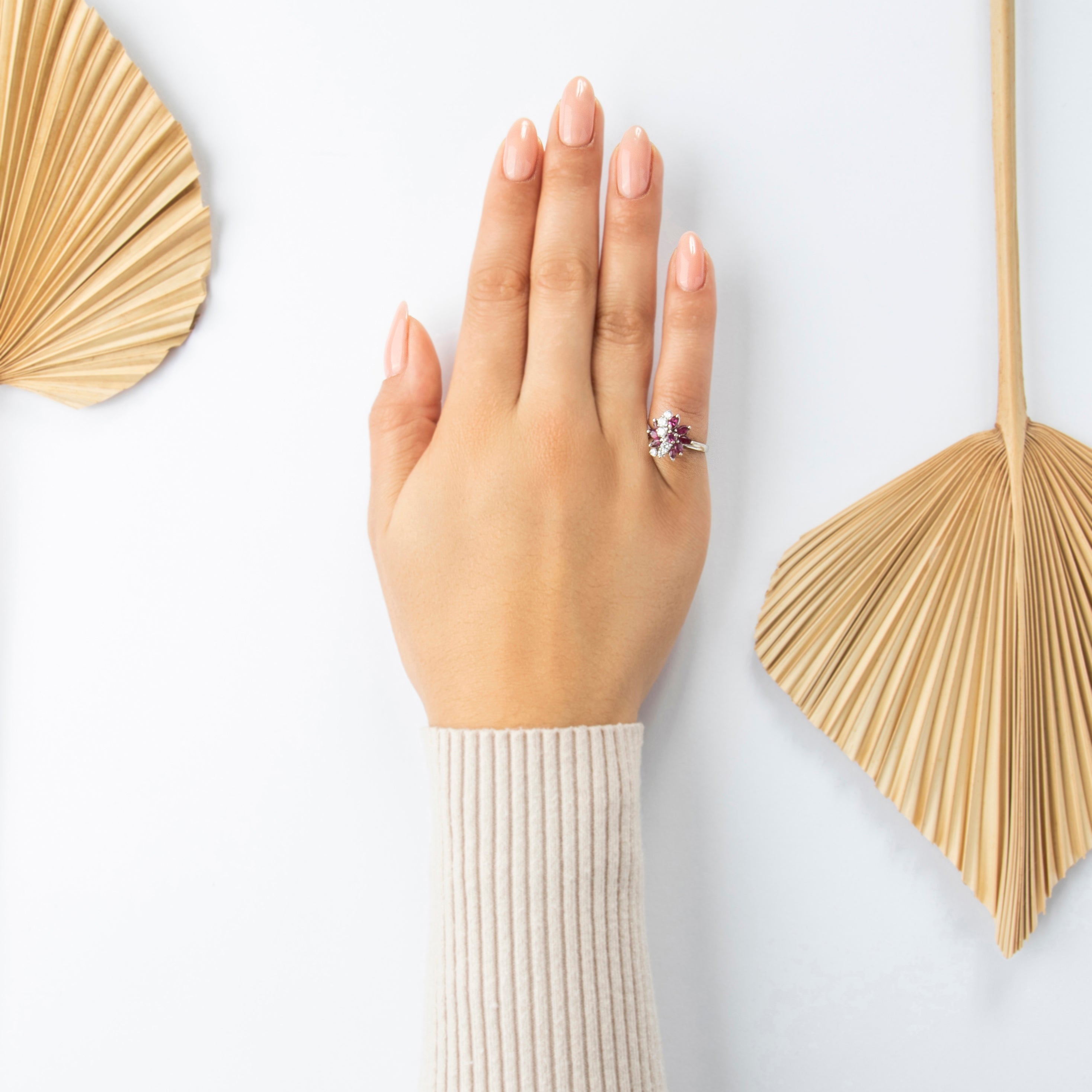 Vintage 14k White Gold 1cttw Ruby Diamond Brilliant Floriform Cocktail Ring - On model view