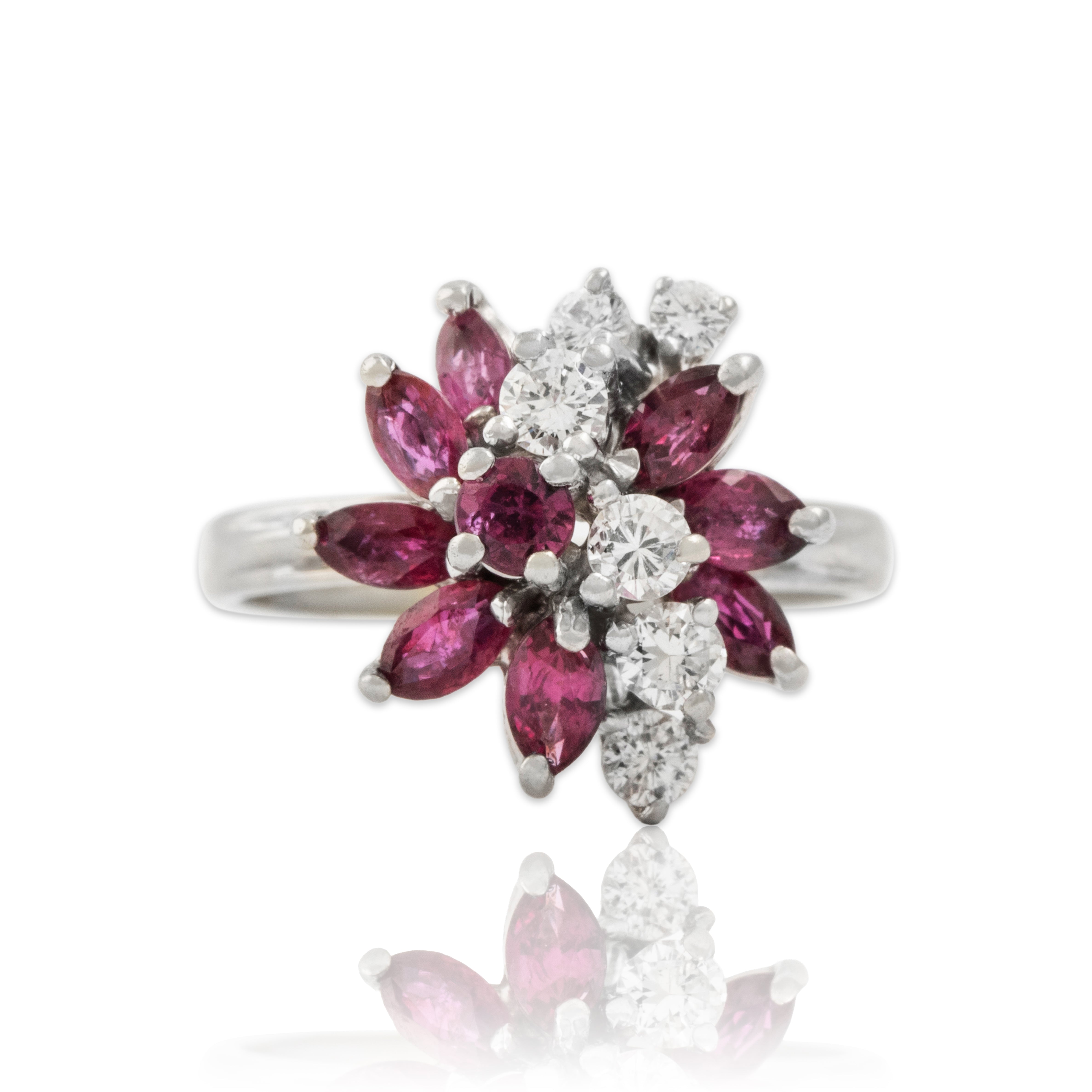 Vintage 14k White Gold 1cttw Ruby Diamond Brilliant Floriform Cocktail Ring - Close-up view
