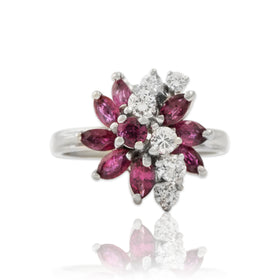 Vintage 14k White Gold 1cttw Ruby Diamond Brilliant Floriform Cocktail Ring 5.25