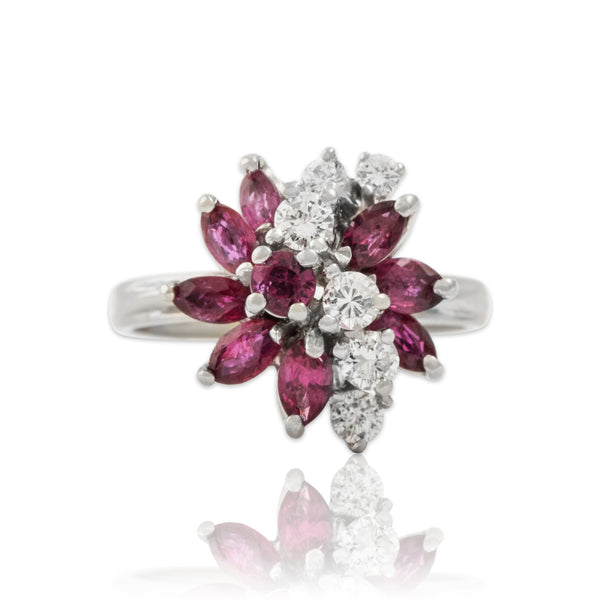 Vintage 14k White Gold 1cttw Ruby Diamond Brilliant Floriform Cocktail Ring 5.25