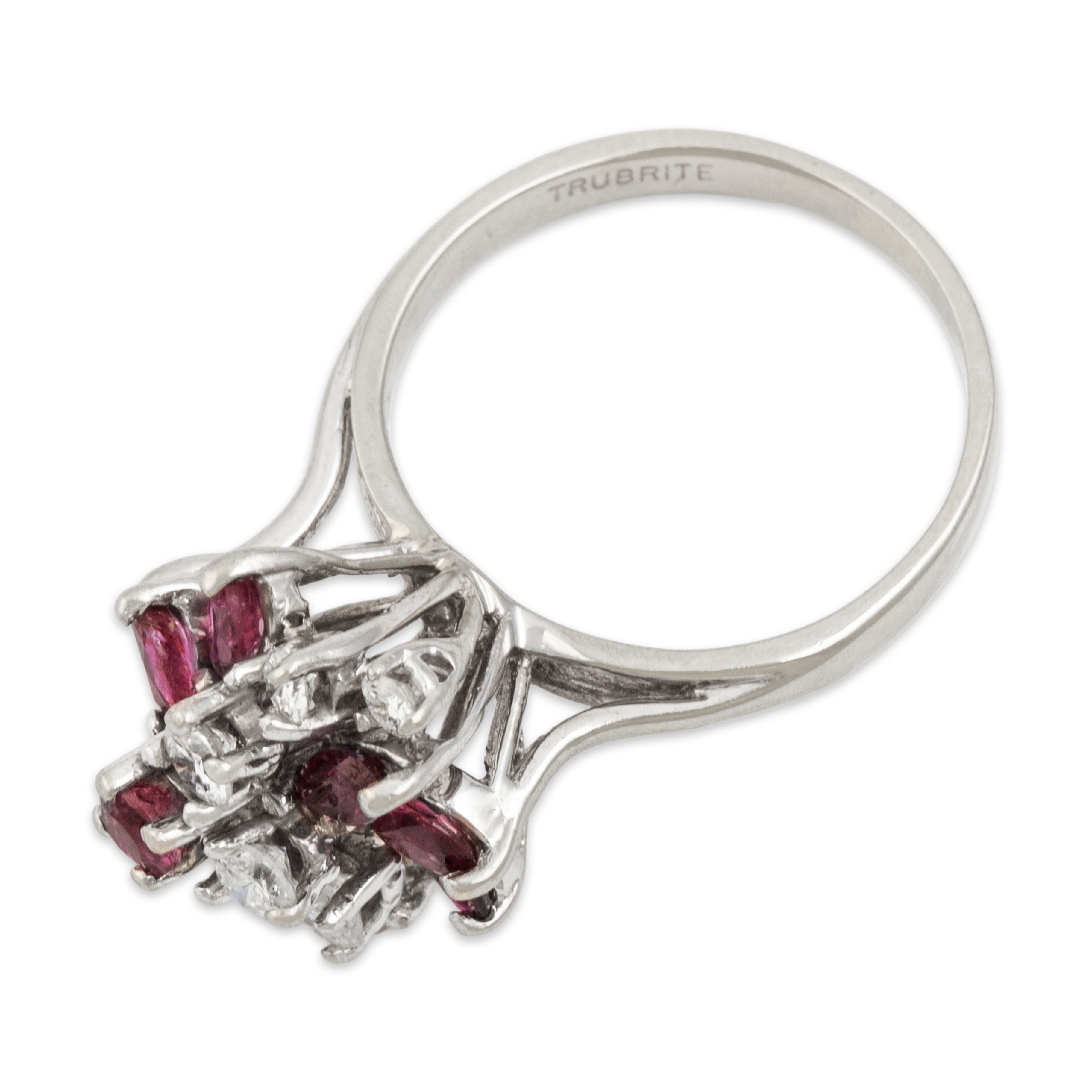 Vintage 14k White Gold 1cttw Ruby Diamond Brilliant Floriform Cocktail Ring - Overall view