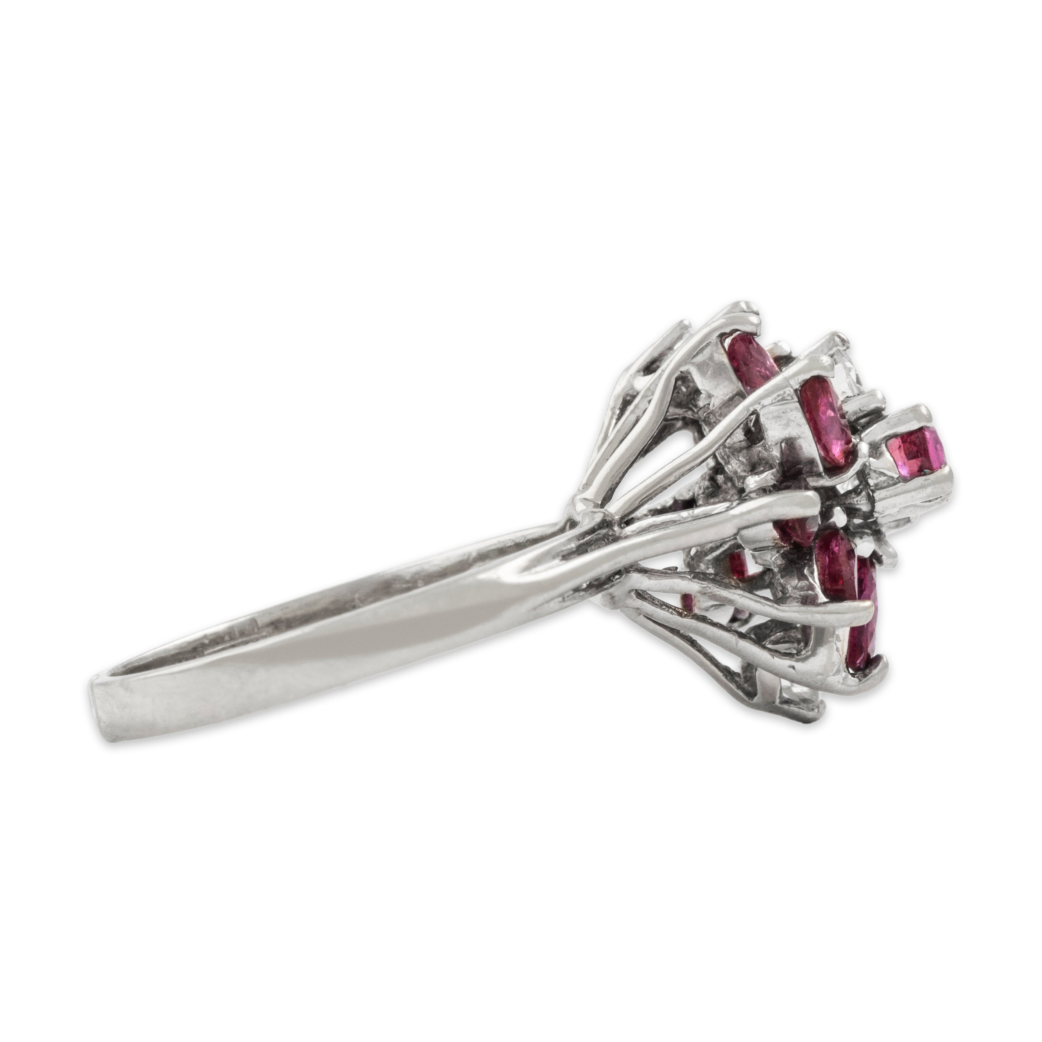 Vintage 14k White Gold 1cttw Ruby Diamond Brilliant Floriform Cocktail Ring - Side view