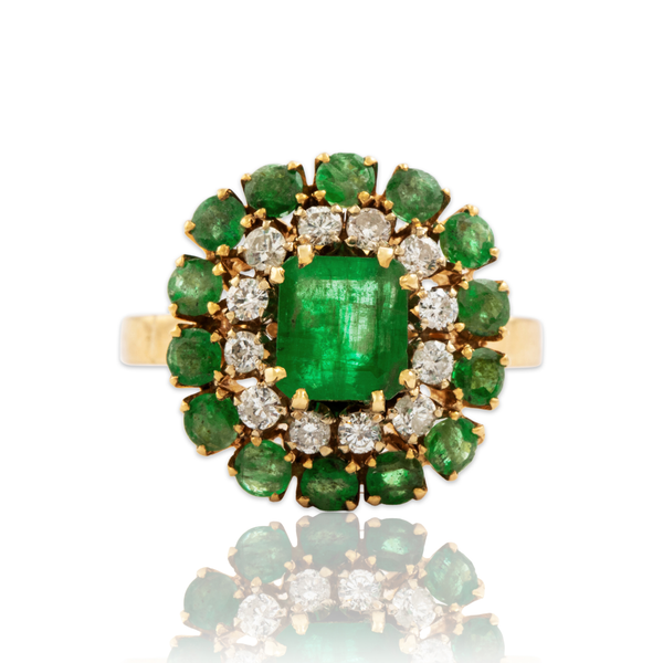Vintage 18k Yellow Gold 1.4cttw Emerald Diamond Dazzling Halo Cocktail Ring 6.75
