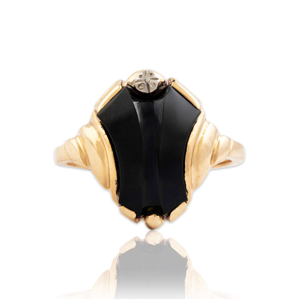 Vintage 10k Yellow & White Gold Onyx Wonderful Carved Shield Ring 5.50