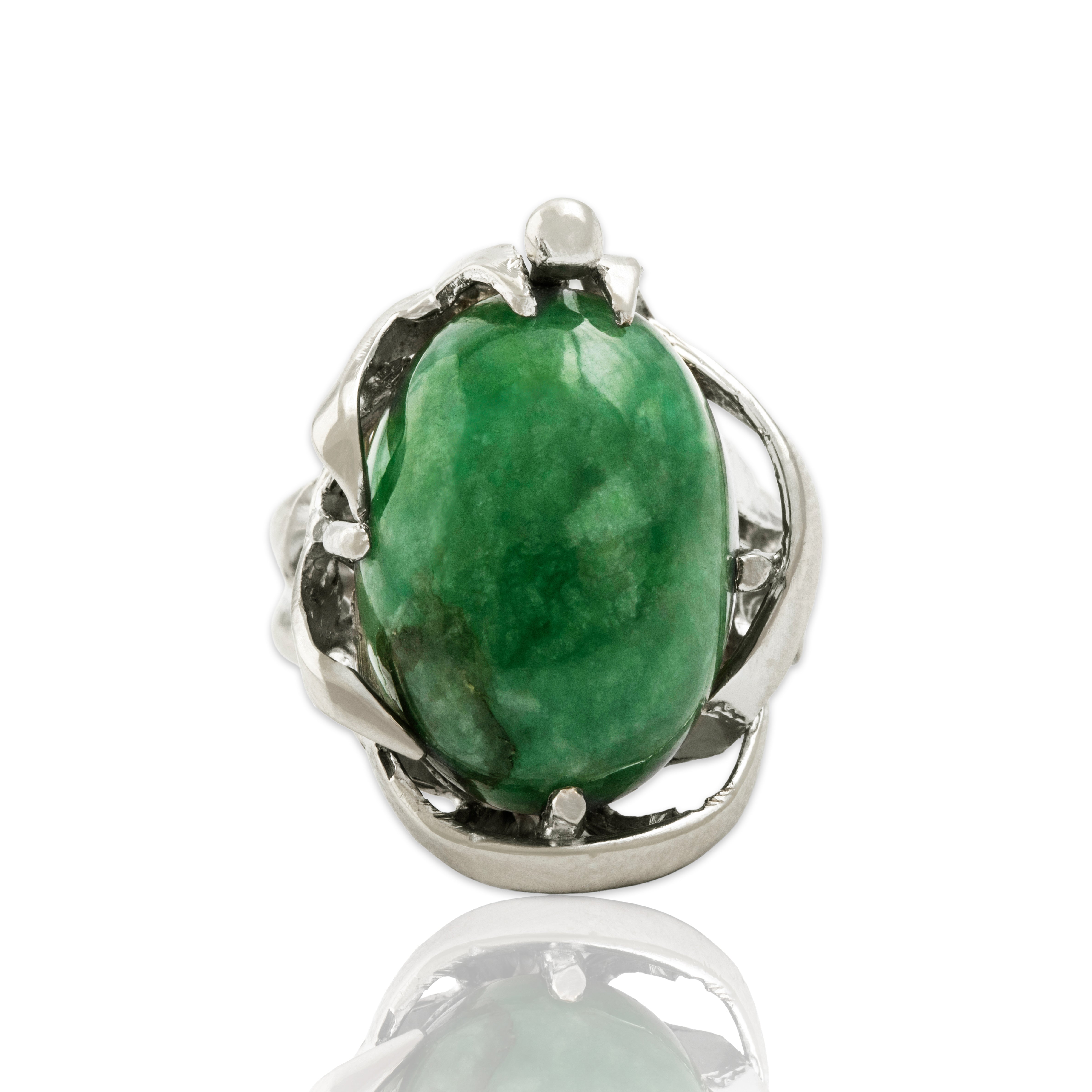 Vintage Large 14k White Gold 10.68ct Green Jade Brutalist Ring 5.00
