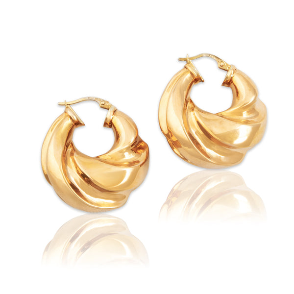 Vintage Italian Large 18k Yellow Gold Chunky Swirling Statement Hoop Earrings