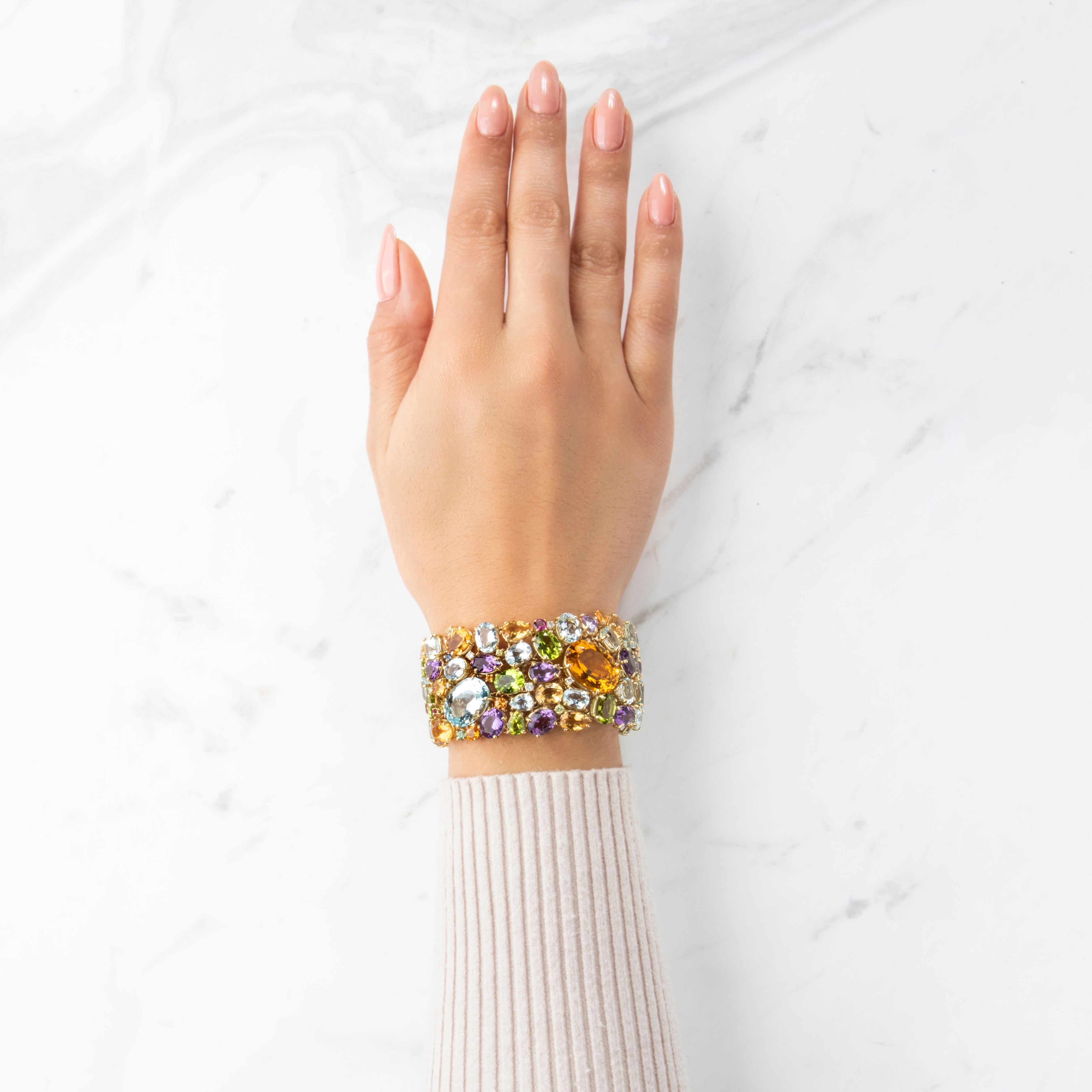 Vintage Oversized 14k Yellow Gold Multistone Lavish Statement Bracelet - On model view