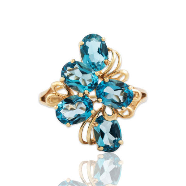 Vintage 10k Yellow Gold 4.2cttw Blue Topaz Sparkling Cluster Cocktail Ring 7.00