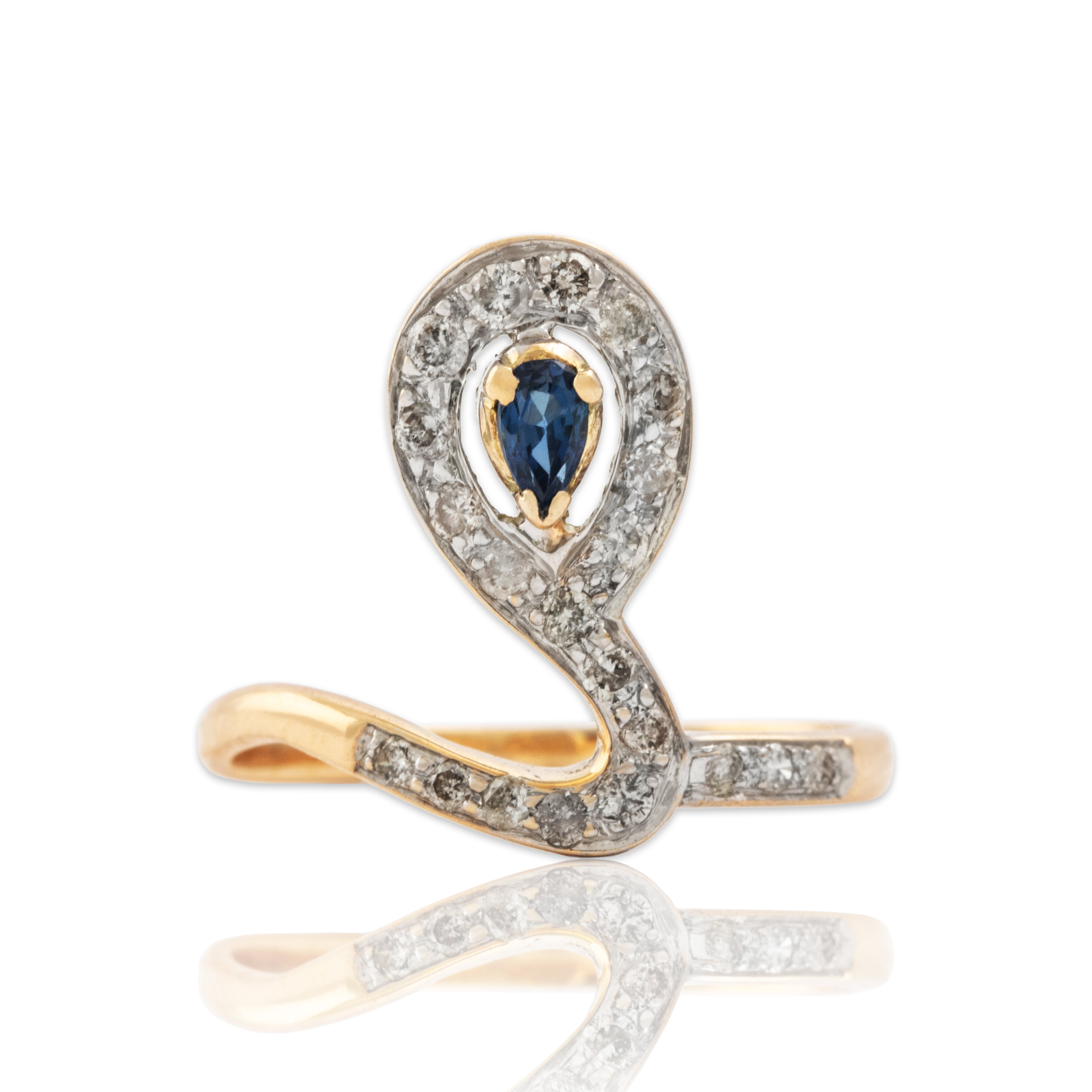 Vintage 14k Yellow Gold Blue Sapphire Diamond Swirling Vertical Halo Ring - Close-up view