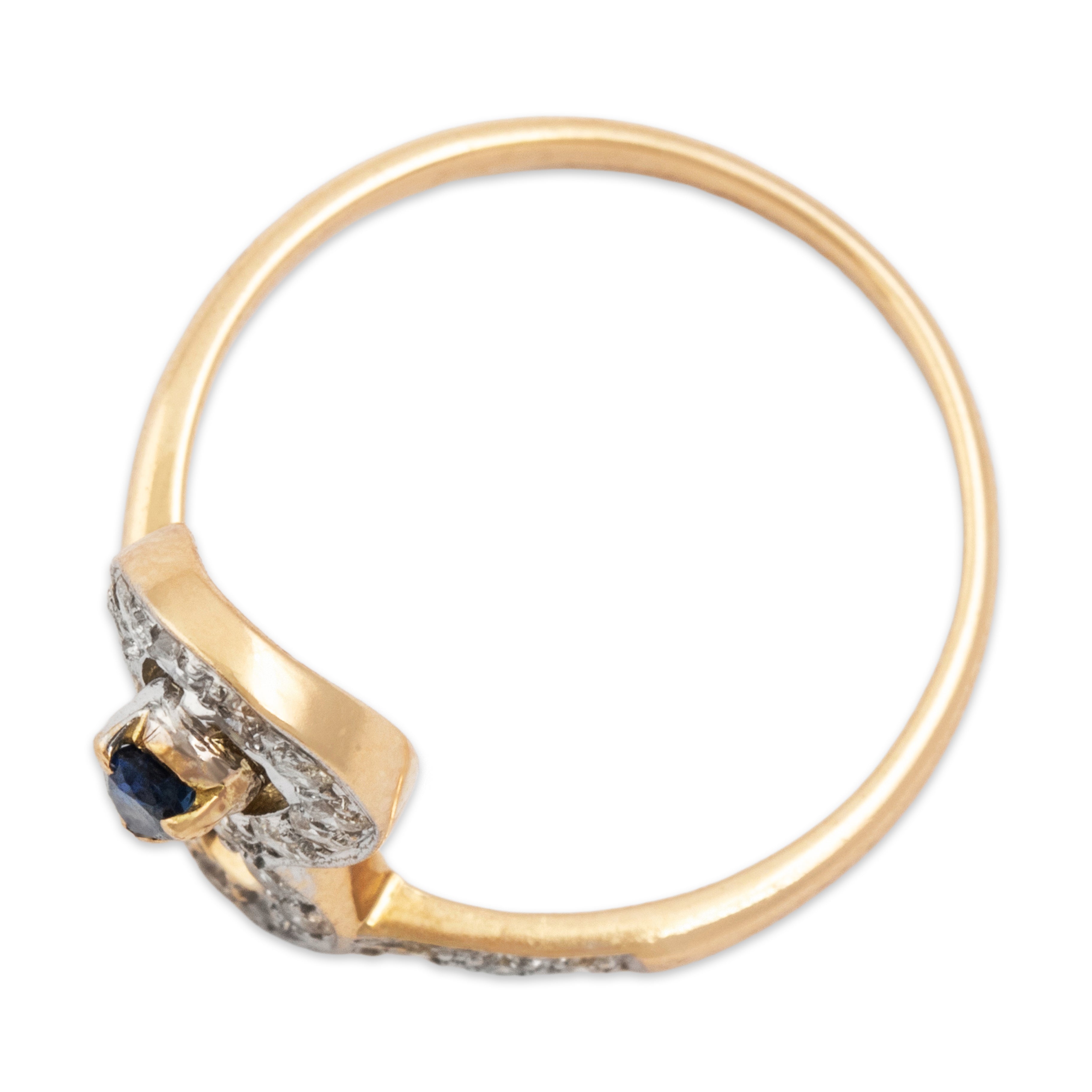 Vintage 14k Yellow Gold Blue Sapphire Diamond Swirling Vertical Halo Ring - Overall view