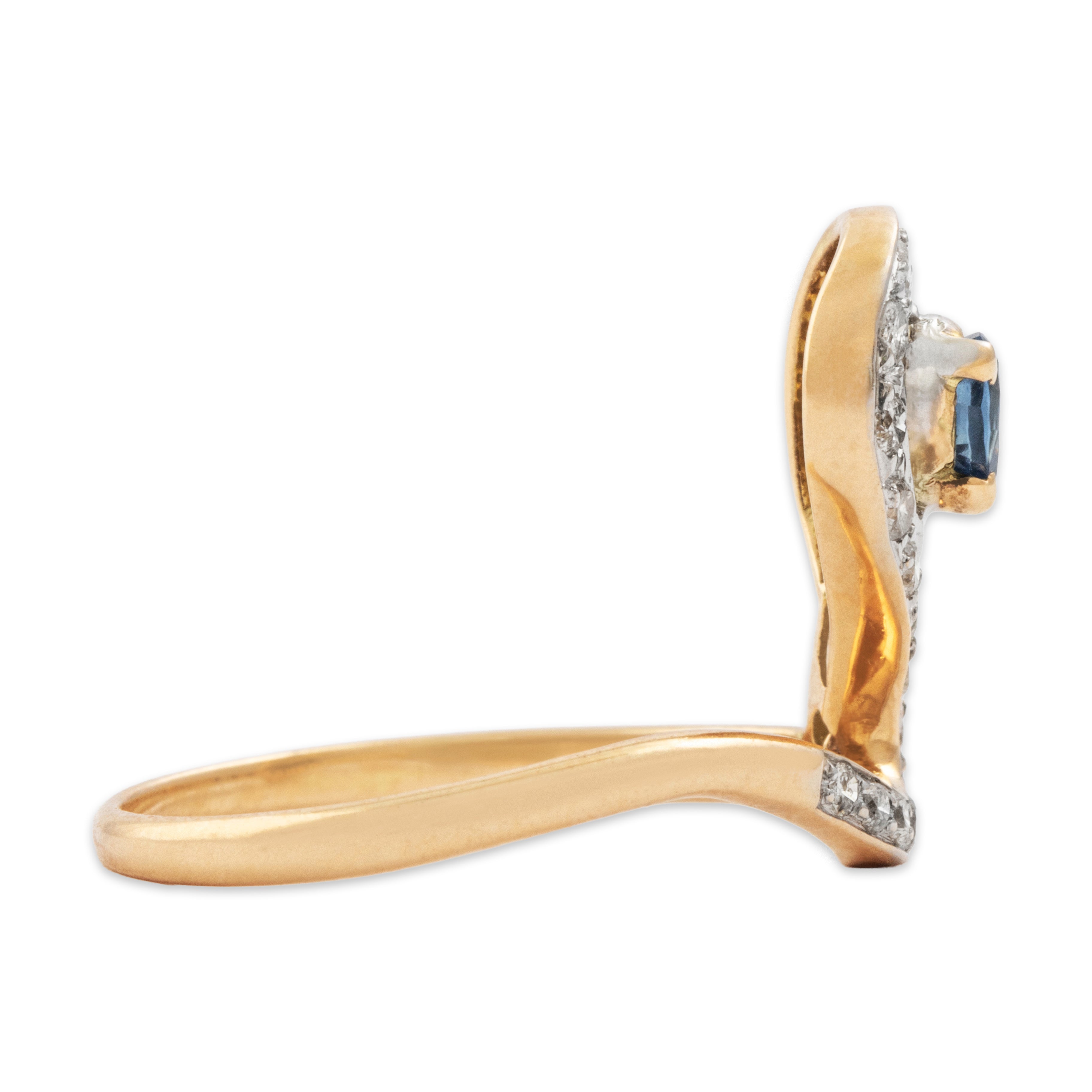 Vintage 14k Yellow Gold Blue Sapphire Diamond Swirling Vertical Halo Ring - Side view