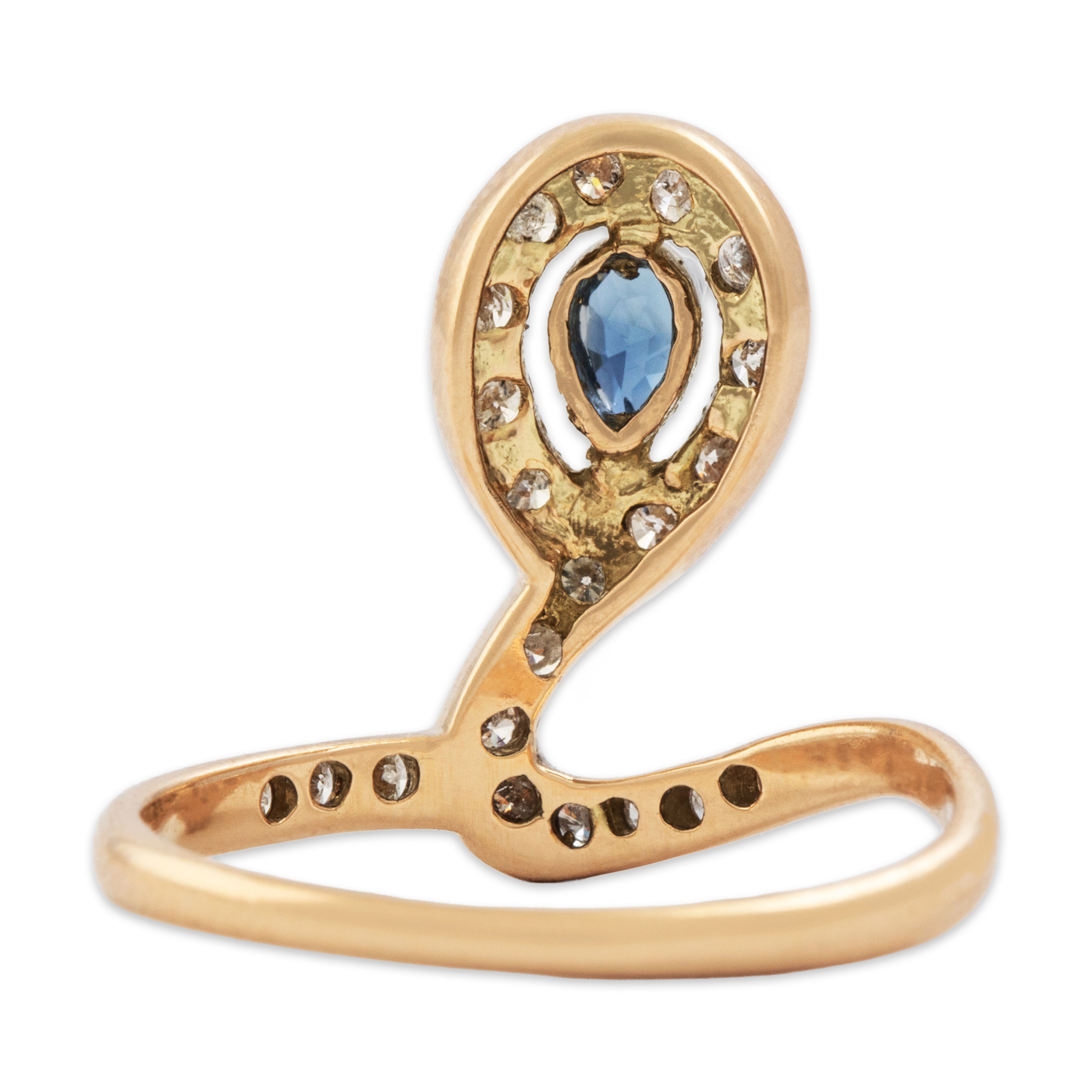 Vintage 14k Yellow Gold Blue Sapphire Diamond Swirling Vertical Halo Ring - Back view