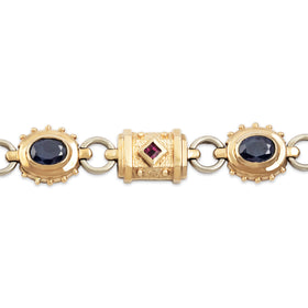 Vintage Heavy 14k Yellow & White Gold Blue Sapphire Ruby Chic Bracelet 6.75"