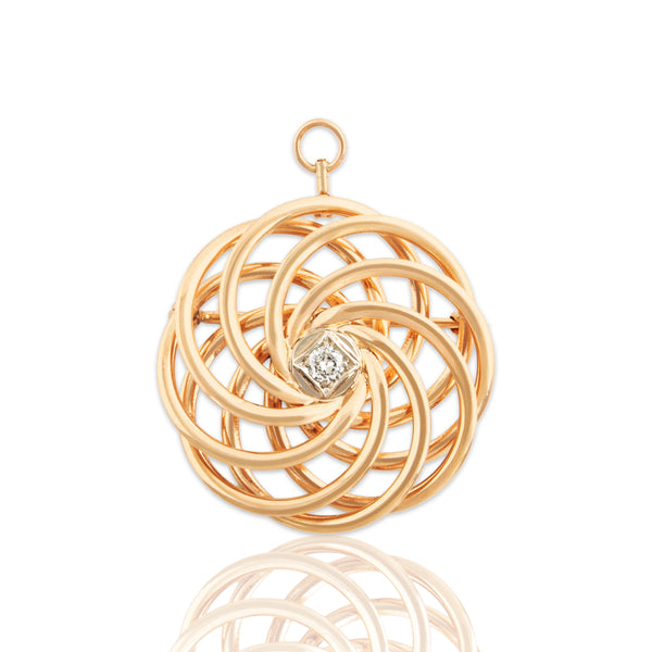 Antique Large 14k Yellow Gold Old European Diamond Swirling Spiral Pin / Pendant