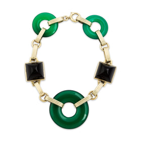 Antique 14k Yellow Gold Green & Black Onyx Fantastic Sugarloaf Disc Bracelet 7"
