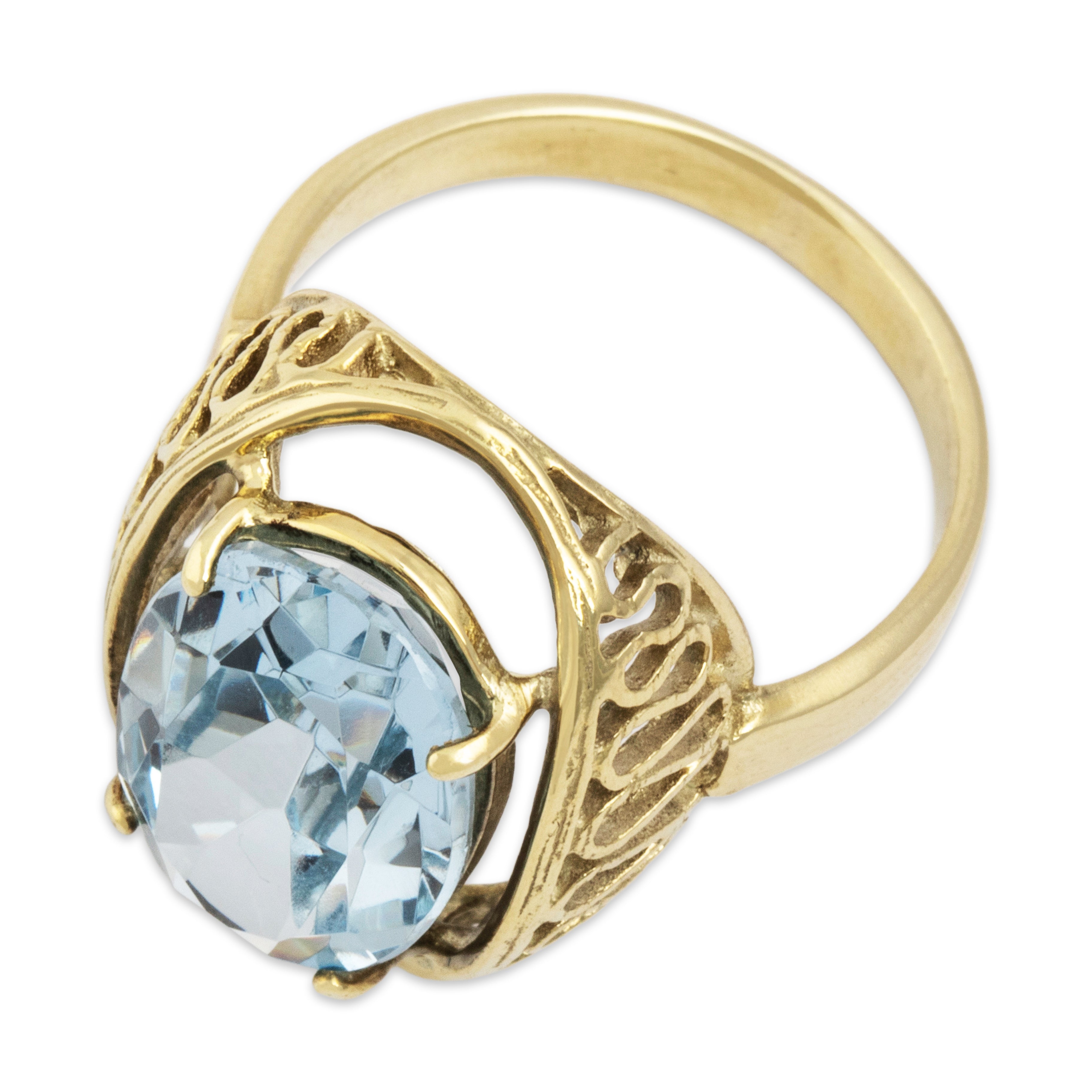 Vintage 14k Gold Pale Blue Glass Filigree Openwork Border Cocktail Ring - Overall view