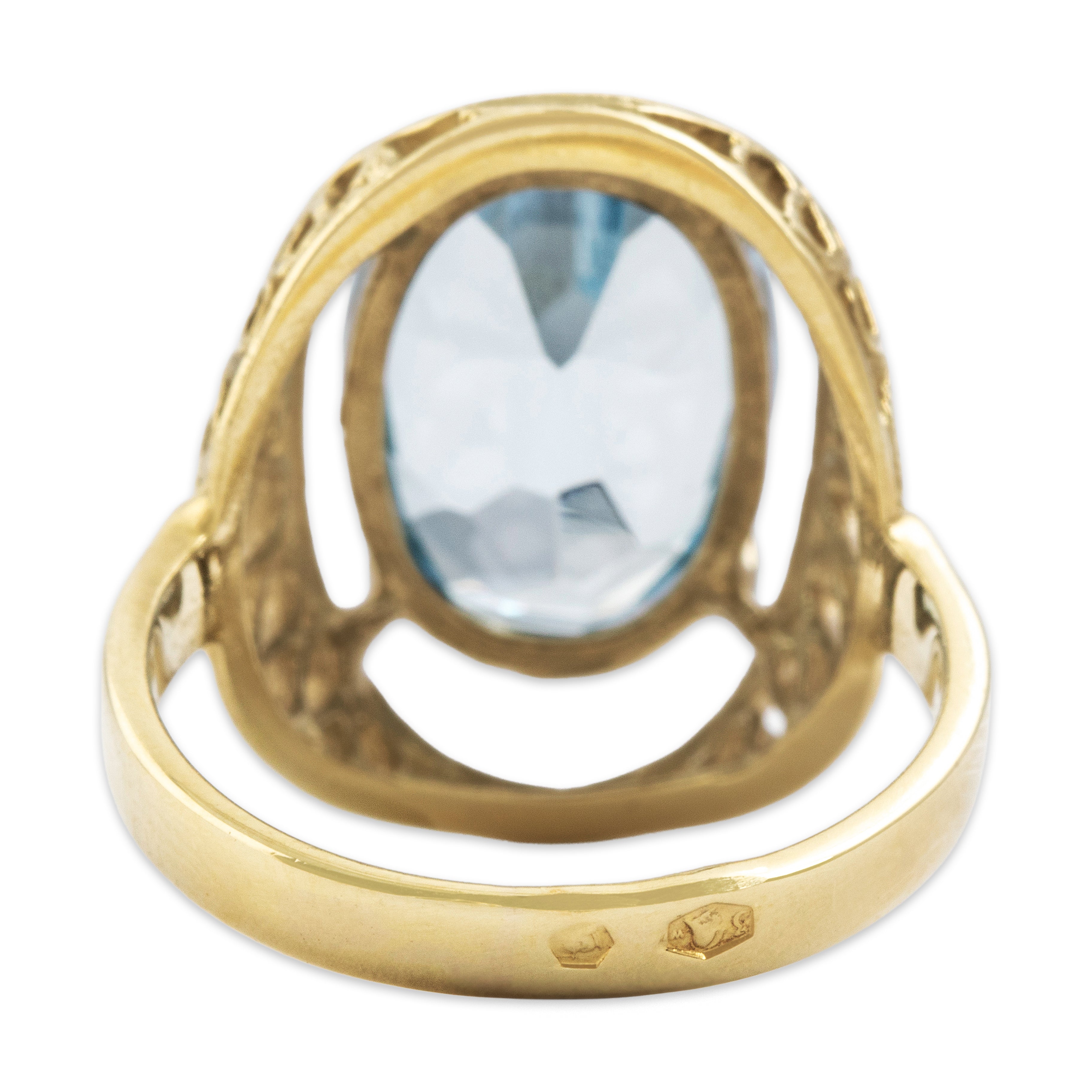 Vintage 14k Gold Pale Blue Glass Filigree Openwork Border Cocktail Ring - Back view