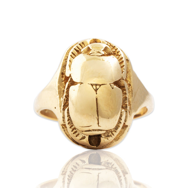 Vintage Heavy 14k Yellow Gold Figural Scarab Hieroglyph Ring 6.75