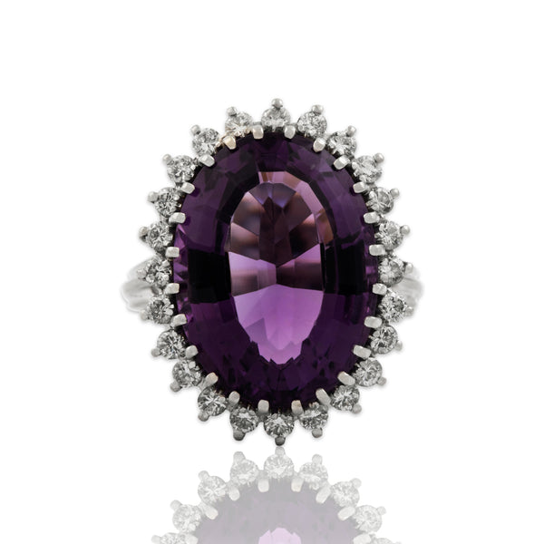 Vintage Large 14k White Gold 11.9ct Amethyst .696cttw Diamond Cocktail Ring 7.75