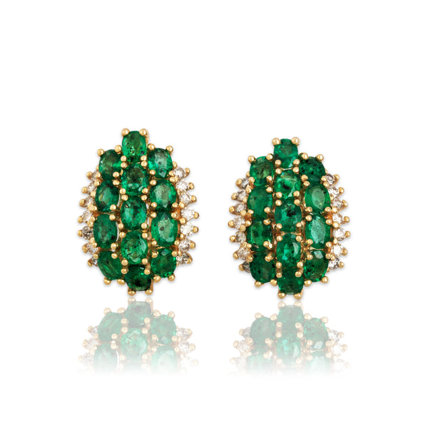 Vintage 14k Yellow Gold 3.4cttw Emerald Diamond Pretty Line Cluster Earrings