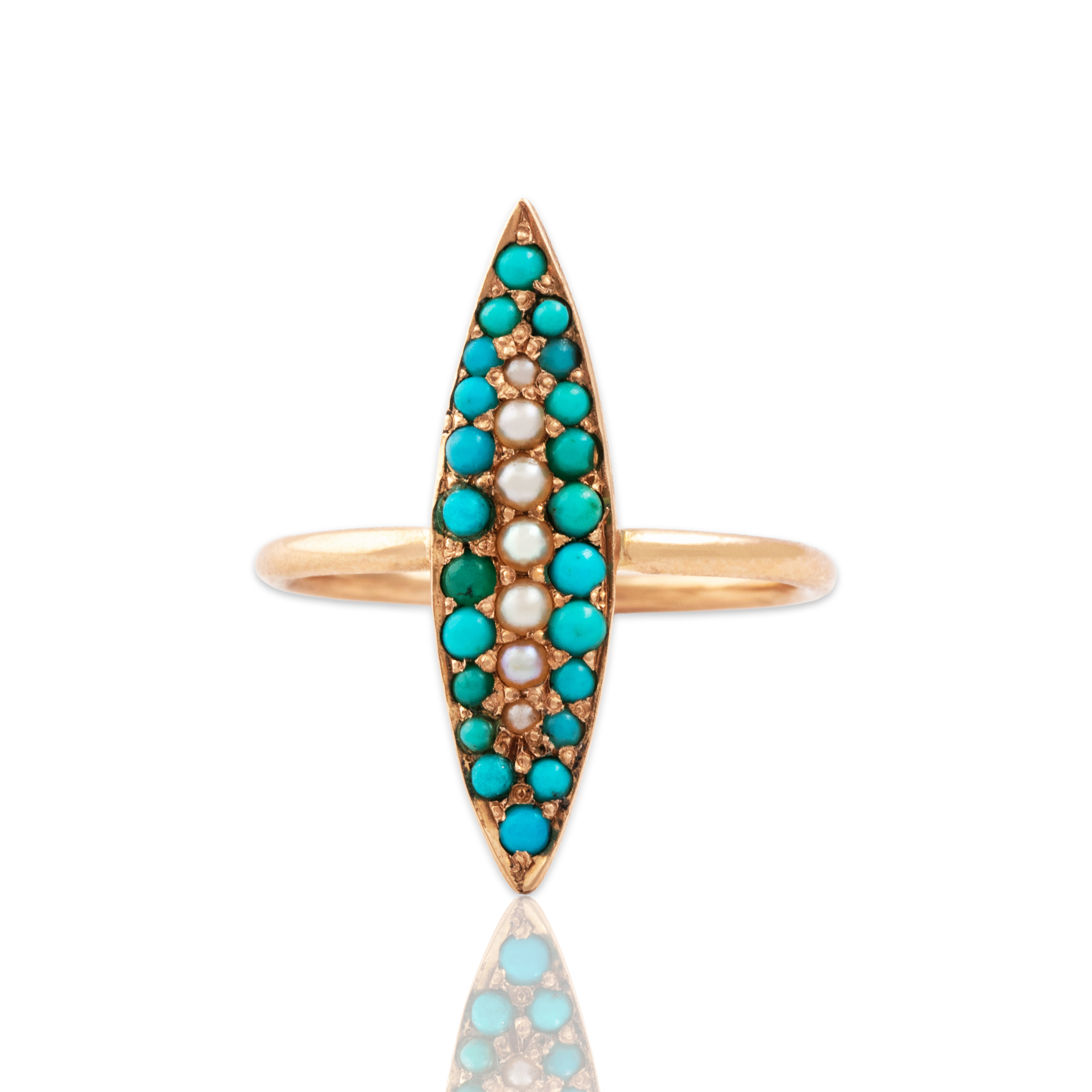 Victorian Antique 14k Rosy Yellow Gold Turquoise Pearl Delicate Navette Ring 3.25