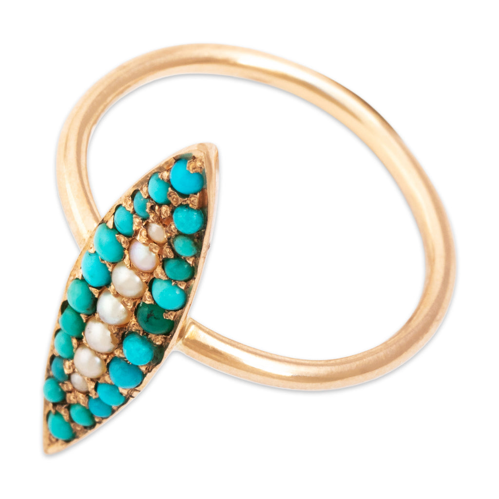 Victorian Antique 14k Rosy Yellow Gold Turquoise Pearl Delicate Navette Ring 3.25