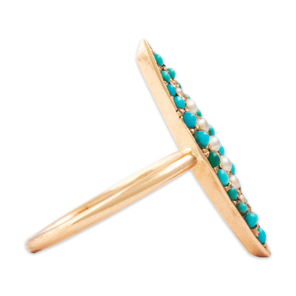 Victorian Antique 14k Rosy Yellow Gold Turquoise Pearl Delicate Navette Ring 3.25