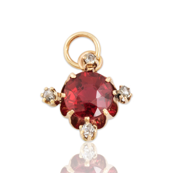 Antique 14k Yellow Gold Red Glass Diamond Sparkling Quatrefoil Charm / Pendant