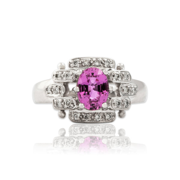 Vintage Heavy Platinum 1.5ct Pink Sapphire Diamond Chic Link Statement Ring 8.00