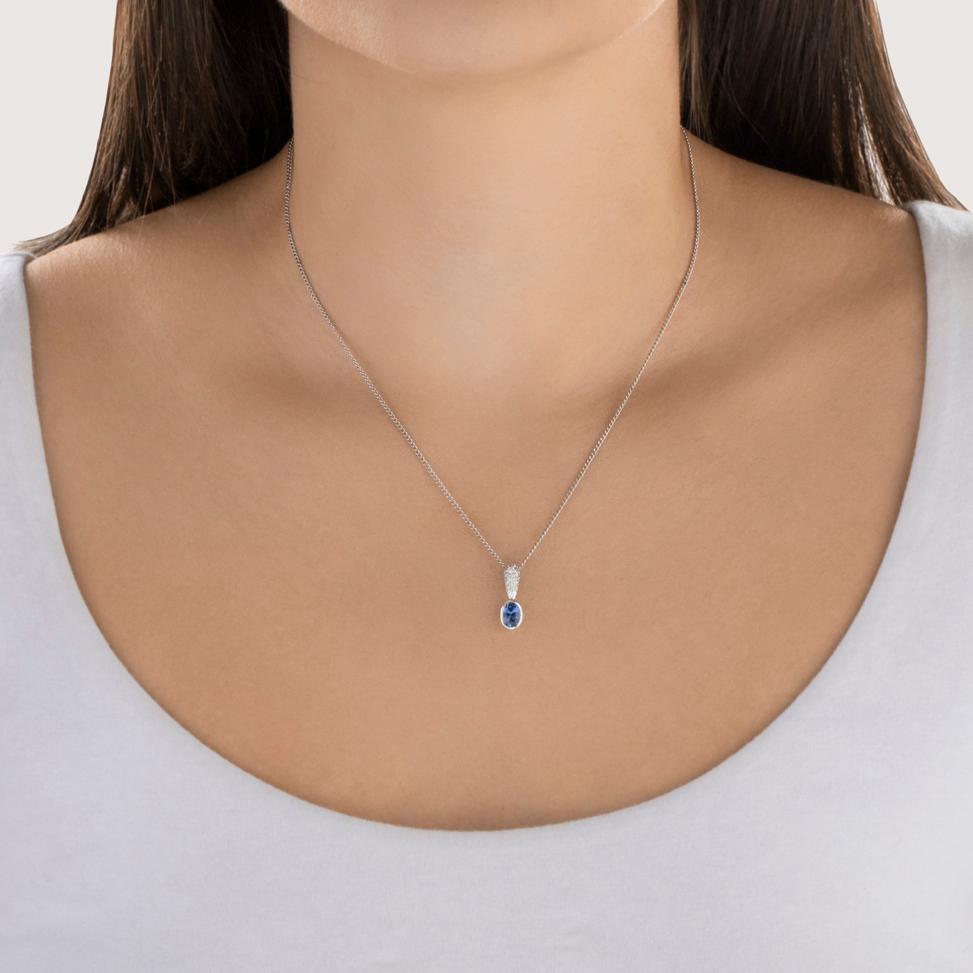 Vintage Platinum Blue Sapphire Diamond Dazzling Drop Pendant - On model view