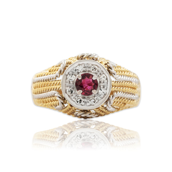 Vintage Italian 18k Yellow & White Gold Ruby Diamond Bold Cable Ring 8.50